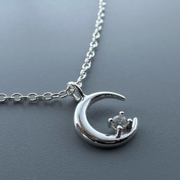 Sterling Silver CZ Crescent Moon Necklace - Picture 9 of 11